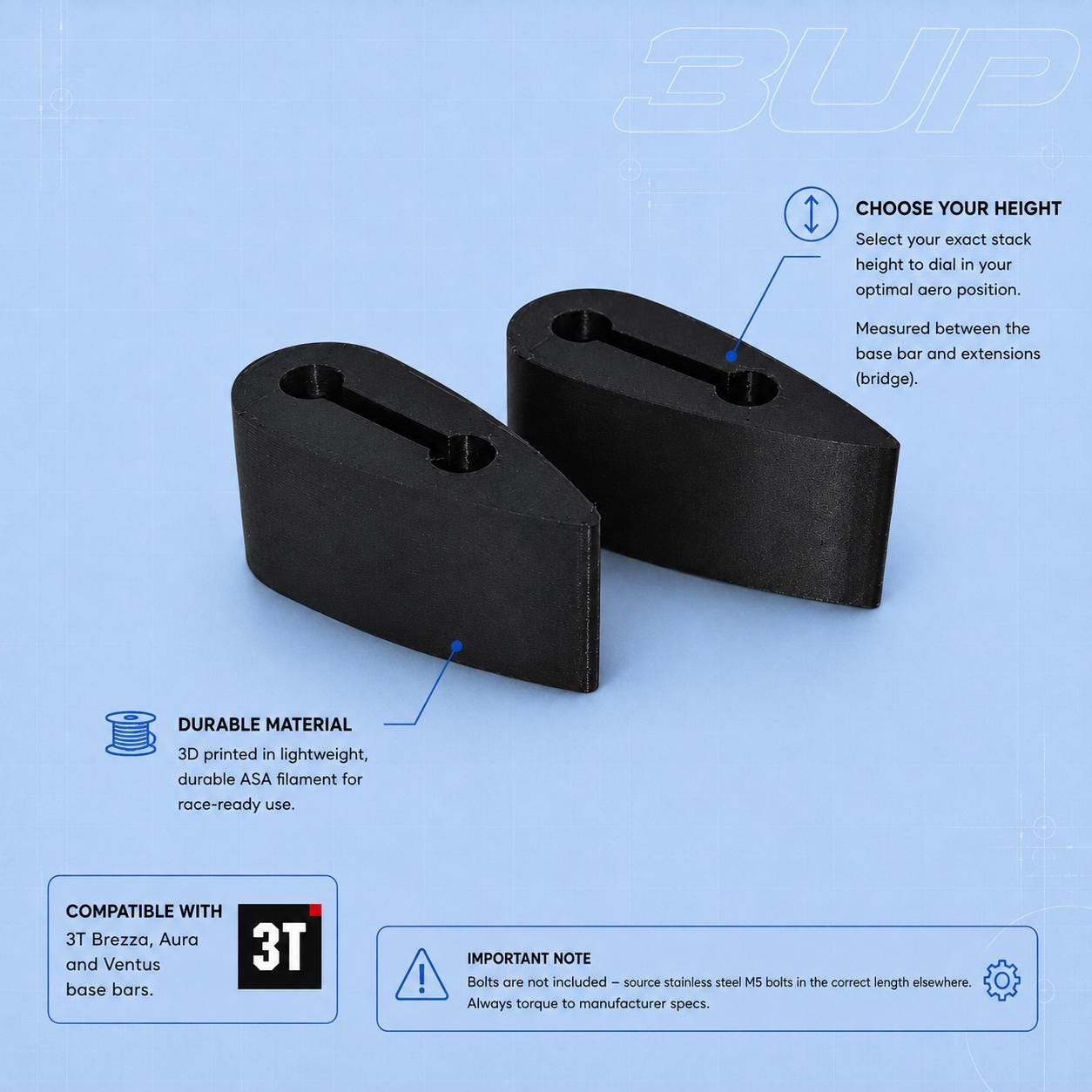 Custom 3T Brezza, Aura, Ventus Spacer Kit | Choose Height | 3D Printed Aerobar Stack Spacers for TT Triathlon Track Time Trial Bikes product image 2